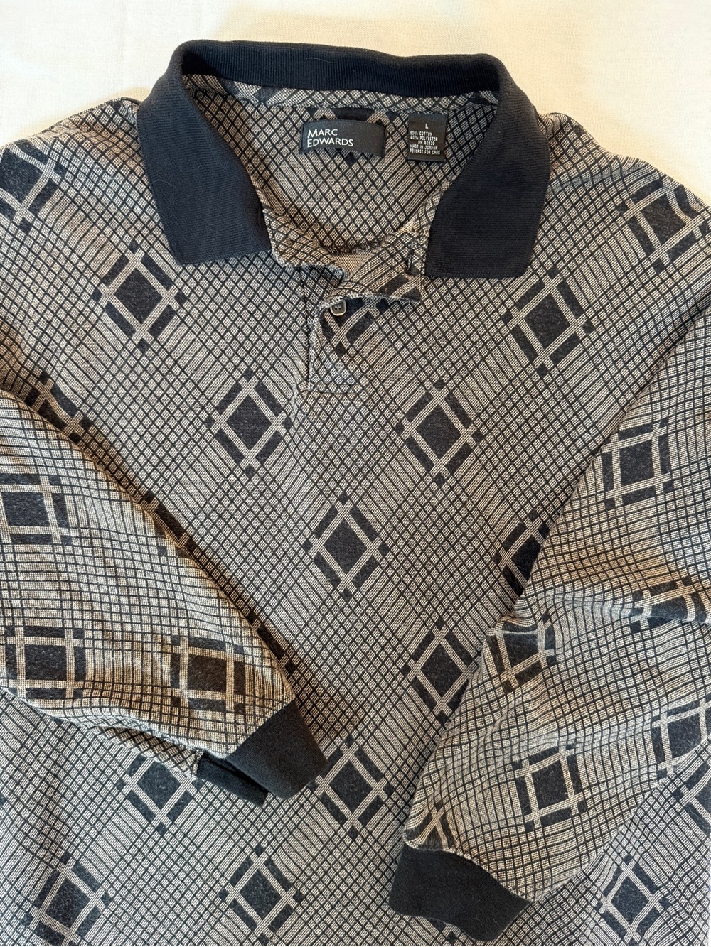 Marc Edwards Long Sleeve Polo Diamond Plaid Pattern Gray Black Size L